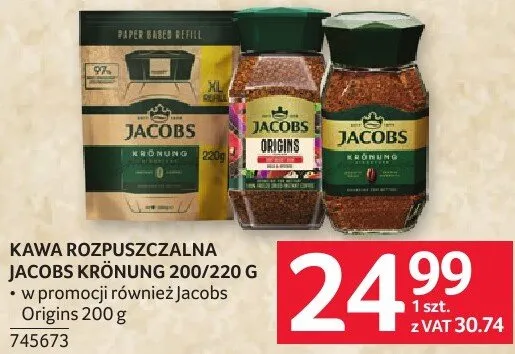 Kawa rozpuszczalna Jacobs Kronung 200/220 g - w promocji również Jacobs Origins 400 g promocja w Selgros