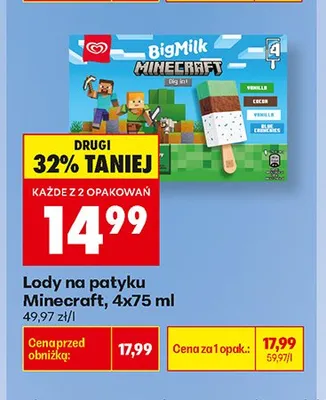Lody na patyku Big Milk Minecraft 4-pak promocja w Biedronka