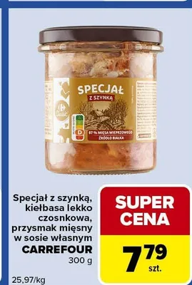 Specjał z szynką, kiełbasa lekko czosnkowa, przysmak mięsny w sosie winnym promocja w Carrefour Express