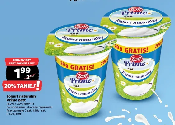 Jogurt naturalny Zott Primo 180 g + 20 g gratis promocja w Netto