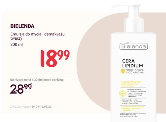 Emulsja do mycia i demakijażu twarzy BIELENDA Cera Lipidium promocja w Rossmann