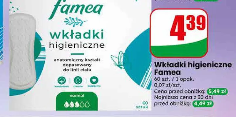 Wkładki higieniczne Famea normal promocja w Dino