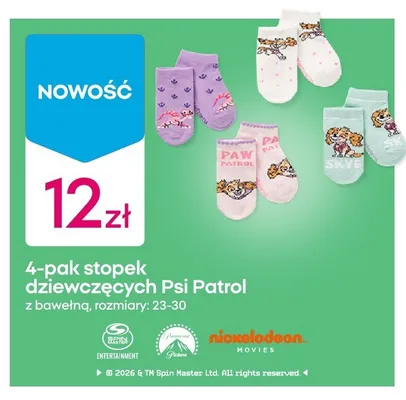 Stopki dziewczęce Psi Patrol 4-pak promocja w Pepco