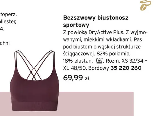 Bezszwowy biustonosz sportowy Tchibo bordowy promocja w Tchibo