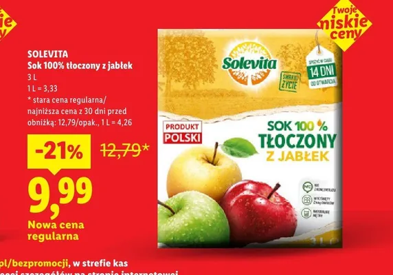 Sok 100% tłoczony z jabłek Solevita promocja w Lidl