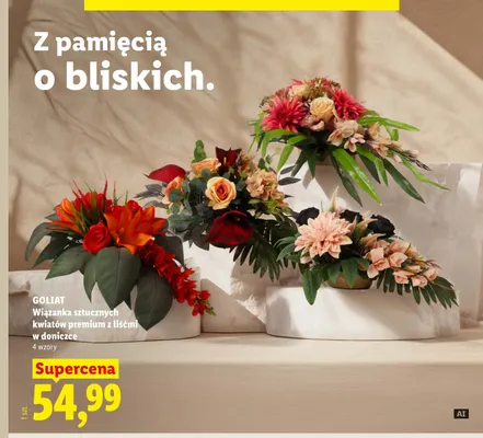 Wiązanka sztucznych kwiatów premium z liśćmi w doniczce Goliat promocja w Lidl