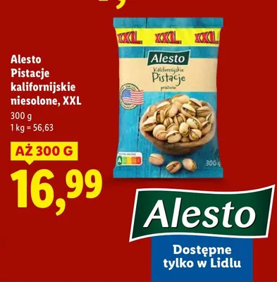Pistacje kalifornijskie niesolone Alesto XXL 300 g promocja w Lidl