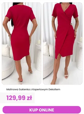 Sukienka malinowa z kopertowym dekoltem ModnaKiecka.pl promocja w Modna Kiecka