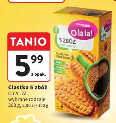 Ciastka 5 zbóż miód i orzechy O la la! promocja w Intermarche