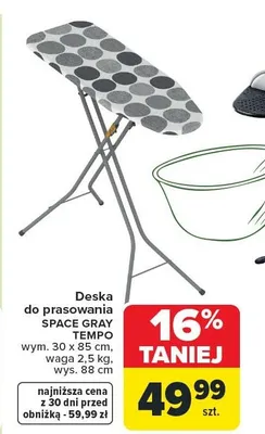 Deska do prasowania SPACE GRAY + TEMPO wym. 30 x 98 cm, waga 2,5 kg, wys. 88 cm promocja w Carrefour