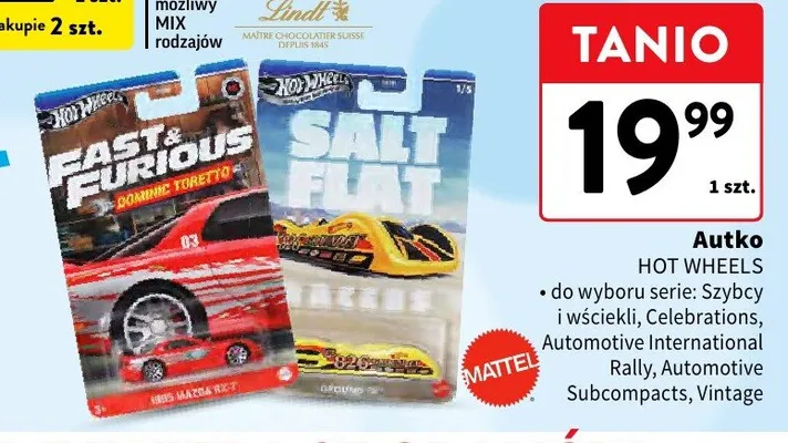Autko Hot Wheels do wyboru serie: Szybcy i wściekli, Celebratory, Automotive International Rally, Automotive Subcompacts, Vintage promocja w Intermarche