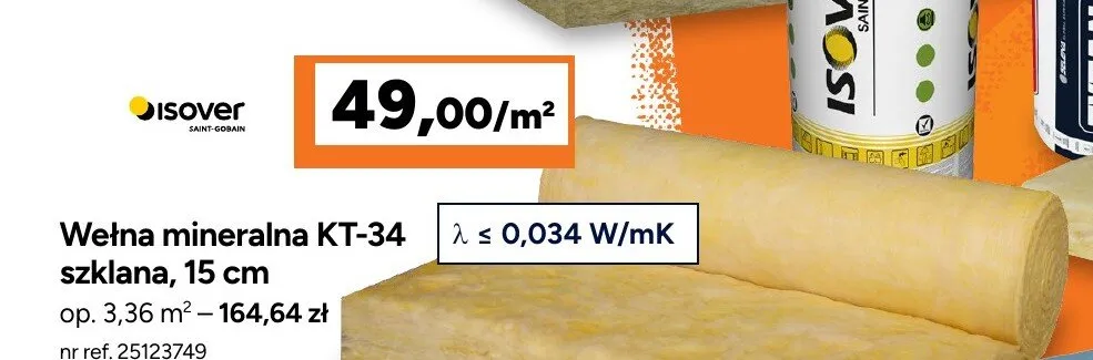 Wełna mineralna Isover KT-34 szklana 15 cm promocja w Bricoman