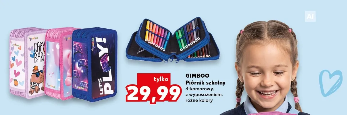 Piórnik szkolny 3-komorowy z wyposażeniem GIMBOO promocja w Kaufland