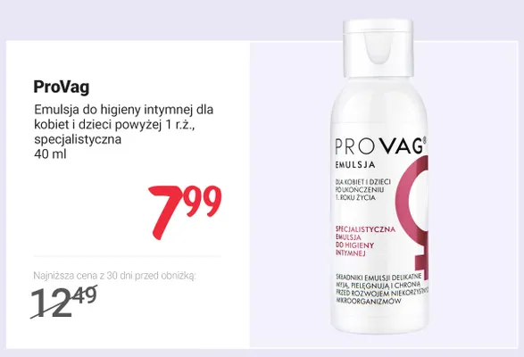 Emulsja do higieny intymnej dla kobiet i dzieci powyżej 1 r.ż. specjalistyczna ProVag promocja w Rossmann