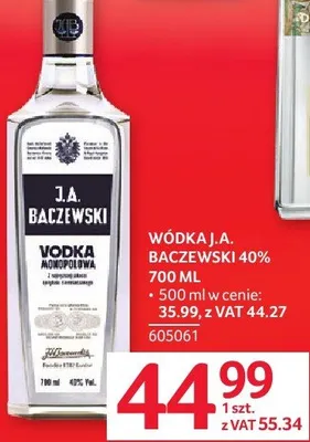 Wódka J.A. Baczewski 40% 700ML promocja w Selgros