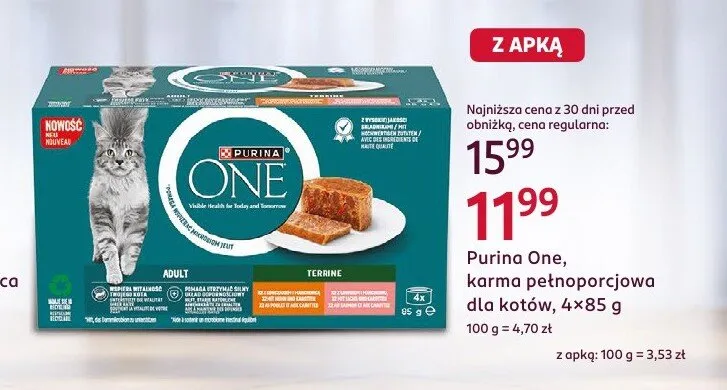 Karma pełnoporcjowa dla kotów Purina One Adult Terrine 4-pak 85 g promocja w Rossmann