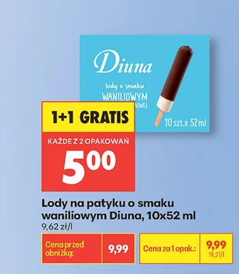 Lody na patyku o smaku waniliowym Diuna 10-pak 52ml promocja w Biedronka