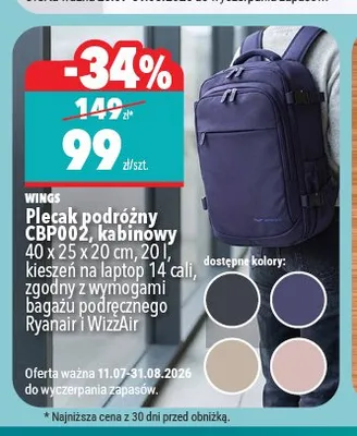 Plecak podróżny Wings CBP002 promocja w Biedronka Home