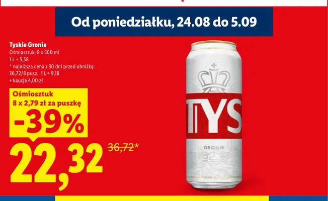 Piwo Tyskie Gronie 8-pak 500 ml promocja w Lidl