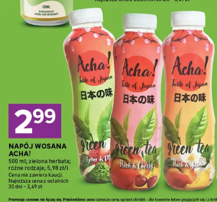 Napój Wosana Acha! Green Tea Peach & Jasmine promocja w Stokrotka