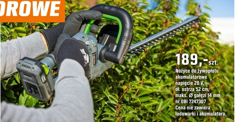 Nożyce do żywopłotu akumulatorowe napięcie 20 V, dł. ostrza 52 cm, maks. Ø gałęzi 14 mm promocja w OBI