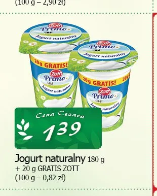 Jogurt naturalny Zott promocja w CEZAR Delikatesy