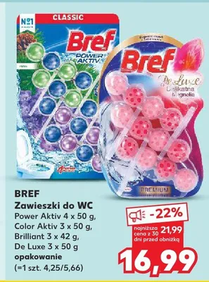 Zawieszki do WC Power Aktiv 4x50g, Color Aktiv 3x50g, Brilliant 3x42g, De Luxe 3x50g promocja w Kaufland