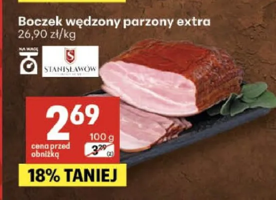 Boczek wędzony parzony extra Stanisławów promocja w Delikatesy Centrum
