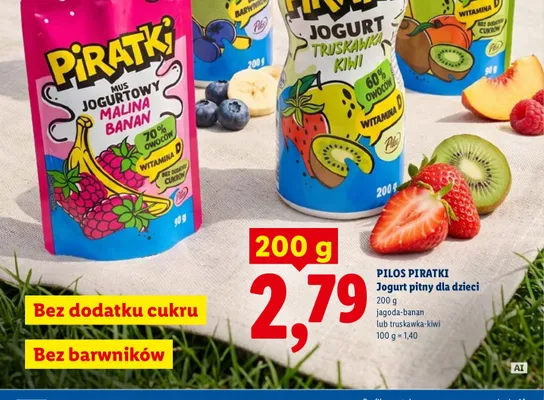 Jogurt pitny dla dzieci Pilos Piratki truskawka-kiwi promocja w Lidl