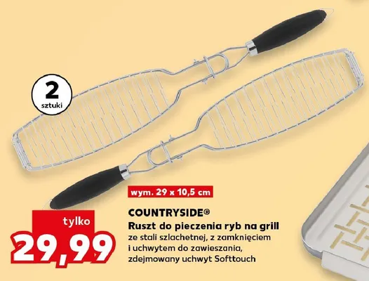 Ruszt do pieczenia ryb na grill COUNTRYSIDE 2-pak wym. 29x10,5cm ze stali szlachetnej z zamknięciem i uchwytem do zawieszania zdejmowany uchwyt Softtouch promocja w Kaufland