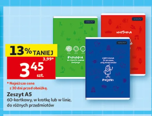 Zeszyt A5 60-kartkowy w kratkę do różnych przedmiotów Astra promocja w Auchan