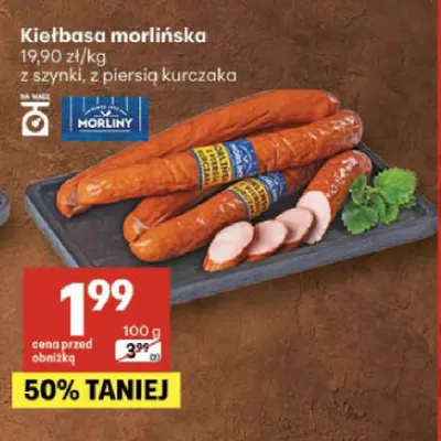 Kiełbasa morlińska z piersią kurczaka Morliny promocja w Delikatesy Centrum