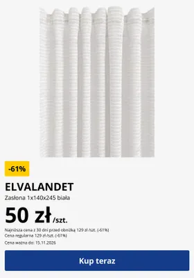 Zasłona Elvalandet 1x140x245 cm biała promocja w Jysk