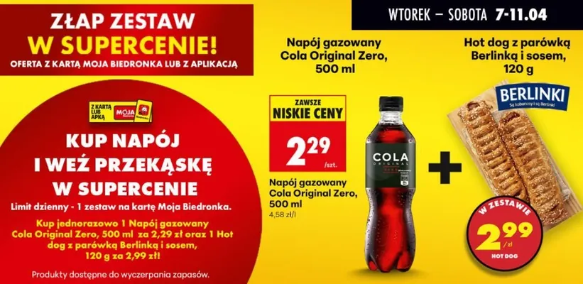 Zestaw: napój gazowany Cola Original Zero, 500 ml + hot-dog z parówką Berlinką i sosem promocja w Biedronka