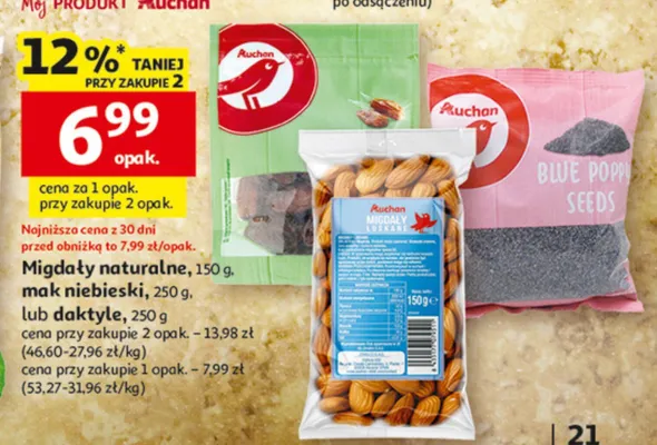 Migdały naturalne, mak niebieski lub daktyle promocja w Auchan