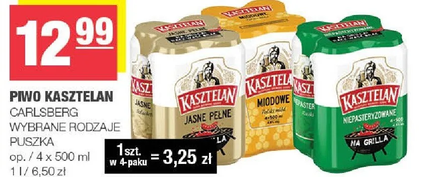 Piwo Kasztelan Carlsberg wybrane rodzaje puszka promocja w SPAR