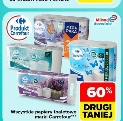 Papier toaletowy Carrefour Essential Classic & Comfort 4 mega długie rolki promocja w Carrefour