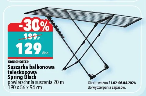 Suszarka balkonowa teleskopowa Spring Black 190 x 56 x 94 cm Koenighoffer promocja w Biedronka Home
