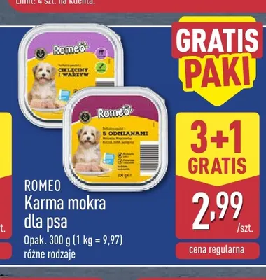 Karma mokra dla psa z 5 odmianami Romeo promocja w Aldi