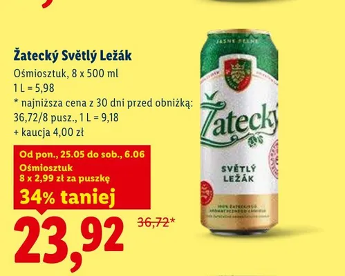 Piwo Žatecký Světlý Ležák 8-pak 500ml promocja w Lidl