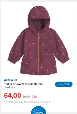 Kurtka dziewczęca z kapturem bordowa Cool Club promocja w Smyk