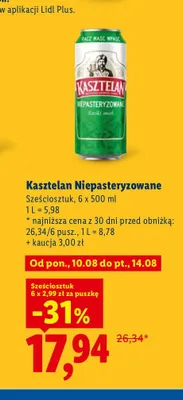 Piwo Kasztelan Niepasteryzowane 6-pak 500 ml promocja w Lidl