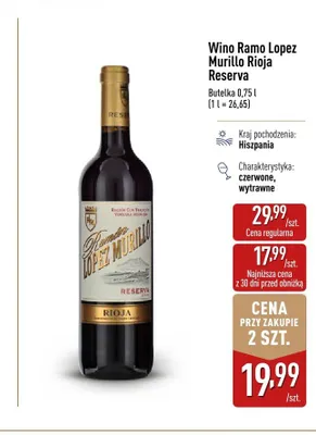 Wino czerwone Ramo Lopez Murillo Rioja Reserva promocja w Aldi