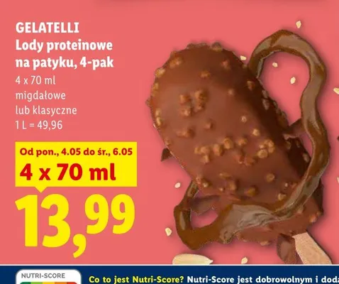 Lody proteinowe na patyku Gelatelli Protein Almond 4-pak promocja w Lidl