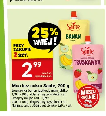 Mus bez cukru Sante truskawka-banan-jabłko promocja w Twój Market