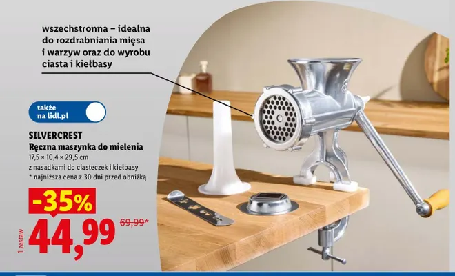 Ręczna maszynka do mielenia Silvercrest 17,5x10,4x29,5 cm z nasadkami do ciasteczek i kiełbasy promocja w Lidl