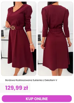Bordowa rozkloszowana sukienka z dekoltem V promocja w Modna Kiecka