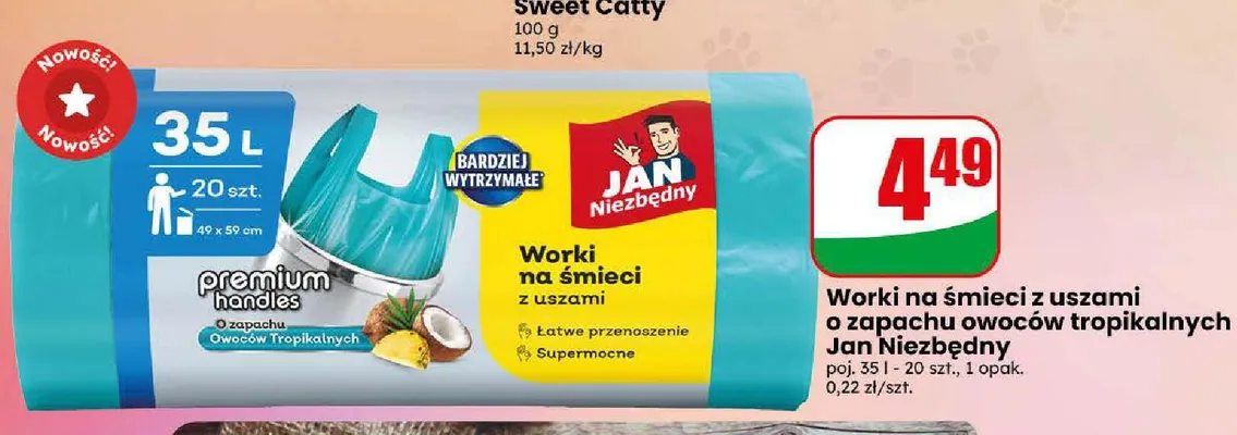 Worki na śmieci z uszami o zapachu owoców tropikalnych Jan Niezbędny 35 l promocja w Dino