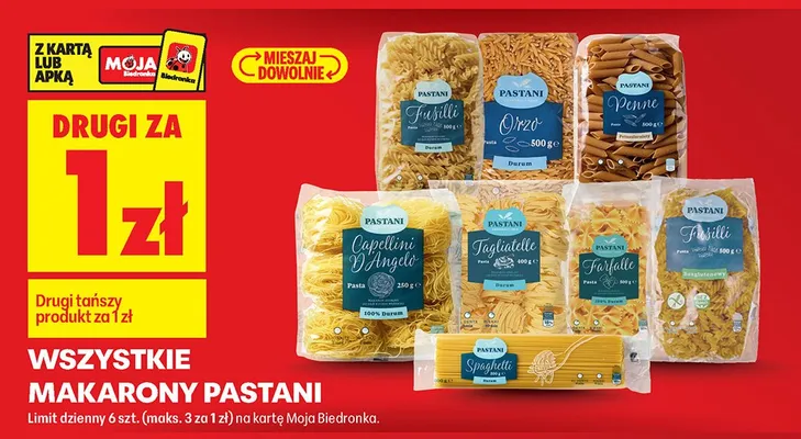 Wszystkie makarony Pastani DRUGI ZA 1 ZŁ promocja w Biedronka