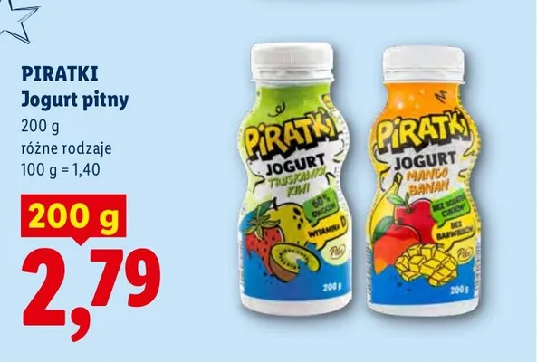Jogurt pitny truskawka kiwi Pilos Piratki promocja w Lidl